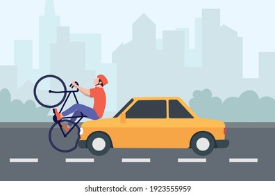 Car collision with a bicycle on the road in the city. Accident, traffic accident, injured cyclist. Broken bicycle. Side view. Vector illustration.