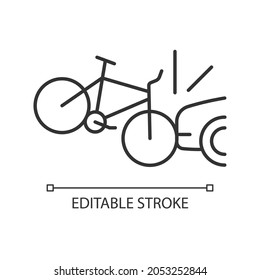 Car collision with cyclist linear icon. Accident with bicyclist and driver. Car-on-bike collision. Thin line customizable illustration. Contour symbol. Vector isolated outline drawing. Editable stroke
