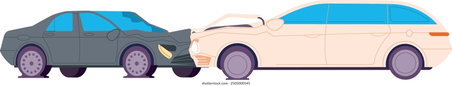 Colisión de coche en la carretera. Ilustración del color auto dañado aislado en el fondo blanco
