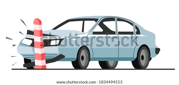 Car collision with road limiter, traffic accident\
and breakdown of automobile. Smashed and deformed bumper of\
vehicle. Crushed part of transport, damaged auto, disaster on\
highway vector in flat