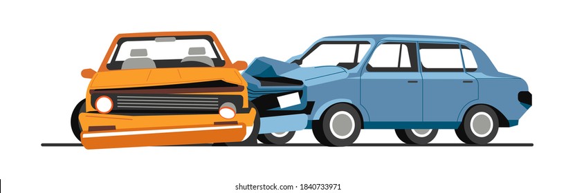Car collision of transport, traffic incident. Isolated vehicles with broken parts, damaged and breakage of automobiles. Breakdown of pickup, crash or accident. Insurance and risks vector in flat
