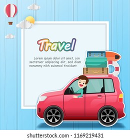 Car and Color plastic luggage bag building with check in point travel around the world concept blue wood on Background, balloon, cloud, Card, Poster, banner, paper art, Vector illustration.  