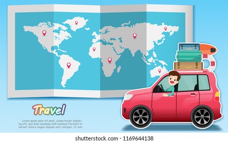 Car and Color plastic luggage bag building elements with check in point travel around the world concept on Background Design. blank space for text and content paper art, vector, banner, Card, Poster,