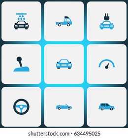 Car Colorful Icons Set. Collection Of Truck, Electric Car, Cabriolet And Other Elements. Also Includes Symbols Such As Wheel, Auto, Cabriolet.