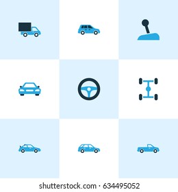 Car Colorful Icons Set. Collection Of Chassis, Pickup, Sports Automobile And Other Elements. Also Includes Symbols Such As Station, Steering, Van.