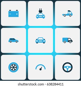 Car Colorful Icons Set. Collection Of Speedometer, Steering Wheel, Battery And Other Elements. Also Includes Symbols Such As Battery, Van, Car.