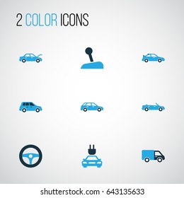 Car Colorful Icons Set. Collection Of Crossover, Steering Wheel, Station Wagon And Other Elements. Also Includes Symbols Such As Station, Fixing, Wagon.
