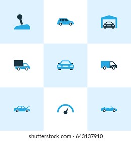 Car Colorful Icons Set. Collection Of Car, Lorry, Cabriolet And Other Elements. Also Includes Symbols Such As Repairing, Speed, Chronometer.
