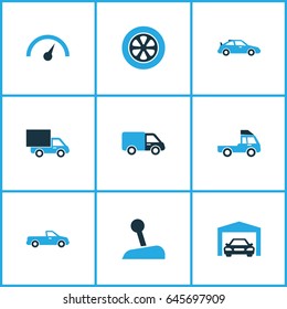 Car Colorful Icons Set. Collection Of Speedometer, Gear Lever, Truck And Other Elements. Also Includes Symbols Such As Stick, Carriage, Truck.