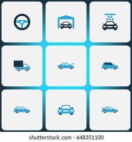 Car Colorful Icons Set. Collection Of Crossover, Steering Wheel, Station Wagon And Other Elements. Also Includes Symbols Such As Auto, Automobile, Wash.