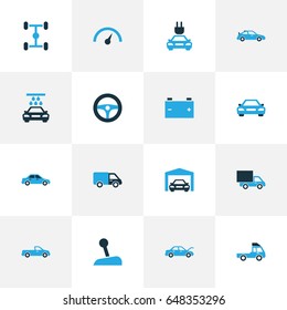 Car Colorful Icons Set. Collection Of Van, Car, Sedan And Other Elements. Also Includes Symbols Such As Fixing, Accumulator, Chassis.