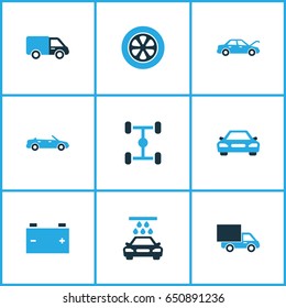 Car Colorful Icons Set. Collection Of Chassis, Cabriolet, Battery And Other Elements. Also Includes Symbols Such As Wheel, Repair, Chassis.