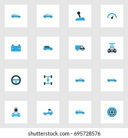 Car Colorful Icons Set. Collection Of Pickup, Tie, Chassis And Other Elements. Also Includes Symbols Such As Lever, Pickup, Battery.