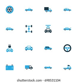 Car Colorful Icons Set. Collection Of Car, Battery, Auto Hood And Other Elements. Also Includes Symbols Such As Wheel, Automobile, Carriage.