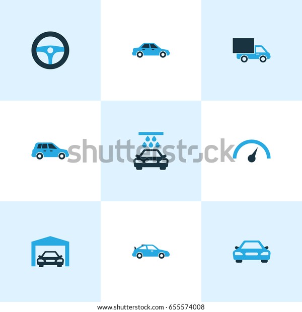 Car Colorful Icons Set.\
Collection Of Vehicle Wash, Van, Sports Automobile And Other\
Elements. Also Includes Symbols Such As Garage, Sedan,\
Repairing.
