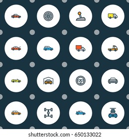 Car Colorful Outline Icons Set. Collection Of Shed, Machine, Sedan And Other Elements. Also Includes Symbols Such As Auto, Shed, Scheme.