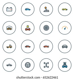 Car Colorful Outline Icons Set. Collection Of Sport, Carcass, Rudder And Other Elements. Also Includes Symbols Such As Battery, Garage, Automobile.