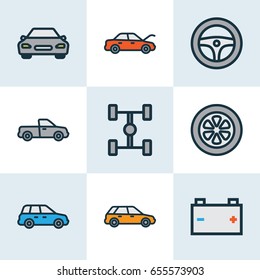 Car Colorful Outline Icons Set. Collection Of Bonnet, Machine, Drive And Other Elements. Also Includes Symbols Such As Bonnet, Steering, Hood.