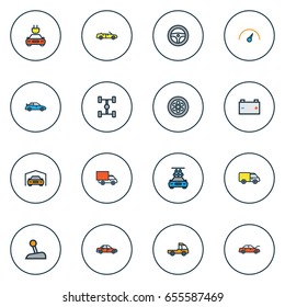 Car Colorful Outline Icons Set. Collection Of Cabriolet, Rudder, Carcass And Other Elements. Also Includes Symbols Such As Speedometer, Tesla, Water.