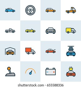 Car Colorful Outline Icons Set. Collection Of Pickup, Washing, Shed And Other Elements. Also Includes Symbols Such As Bus, Station, Shed.