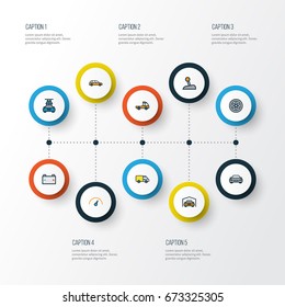 Car Colorful Outline Icons Set. Collection Of Speed, Track, Accumulator And Other Elements. Also Includes Symbols Such As Wheel, Shed, Speedometer.
