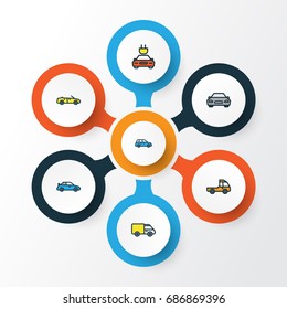 Car Colorful Outline Icons Set. Collection Of Pickup, Sport, Sedan And Other Elements. Also Includes Symbols Such As Drive, Pickup, Van.