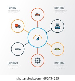 Car Colorful Outline Icons Set. Collection Of Sport, Bonnet, Rudder And Other Elements. Also Includes Symbols Such As Sport, Track, Counter.