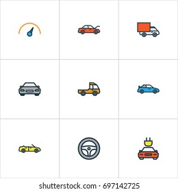Car Colorful Outline Icons Set. Collection Of Speed, Bonnet, Cabriolet And Other Elements. Also Includes Symbols Such As Track, Steering, Mover.