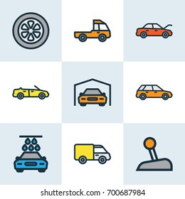 Car Colorful Outline Icons Set. Collection Of Washing, Sport, Level And Other Elements. Also Includes Symbols Such As Car, Garage, Drive.