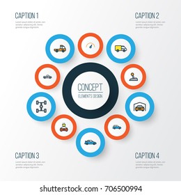 Car Colorful Outline Icons Set. Collection Of Truck, Level, Pickup And Other Elements. Also Includes Symbols Such As Automobile, Gear, Tesla.