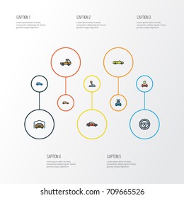 Car Colorful Outline Icons Set. Collection Of Sedan, Level, Pickup And Other Elements. Also Includes Symbols Such As Rudder, Automatic, Shed.