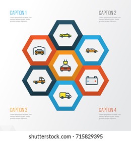 Car Colorful Outline Icons Set. Collection Of Sport, Machine, Truck And Other Elements. Also Includes Symbols Such As Tesla, Pickup, Garage.