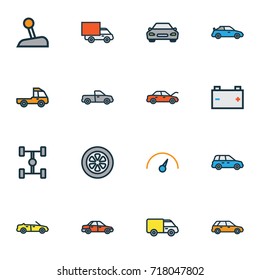 Car Colorful Outline Icons Set. Collection Of Cabriolet, Carcass, Truck And Other Elements. Also Includes Symbols Such As Truck, Automatic, Carcass.