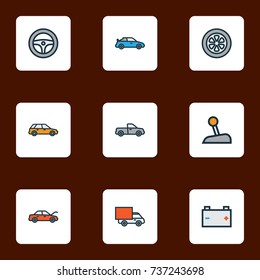 Car Colorful Outline Icons Set. Collection Of Bonnet, Rudder, Machine And Other Elements. Also Includes Symbols Such As Automobile, Wagon, Drive.