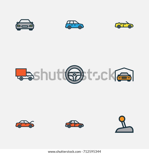 Car Colorful Outline Icons Set. Collection Of
Automobile, Van, Shed And Other Elements. Also Includes Symbols
Such As Track, Wheel,
Cabriolet.