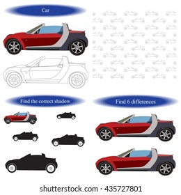 Car. Coloring book, find differences for children. Car background. Vector illustration
