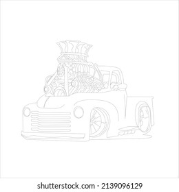 Página de coloreo de coches, boceto de juguetes. Imagen coloreada. Imagen del esquema del coche