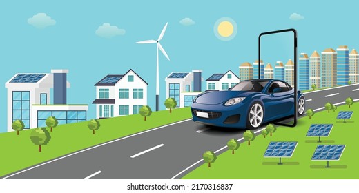 Car coming out of mobile, Eco-friendly housing complex design style in vector and illustration