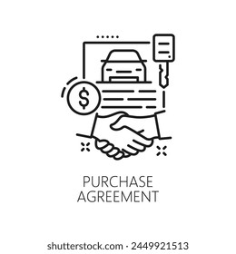 Car company, auto dealer, dealership thin line icon. Car buy center, automobile sale distributor or vehicle lease shop outline vector symbol. Official dealership pictogram with purchase handshake