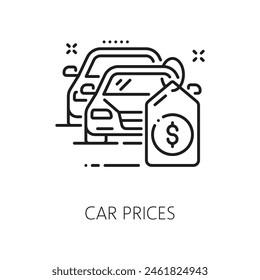 Car company, auto dealer, dealership thin line icon. Automobile search dealer, used or rental vehicle shop, lease center thin line vector sign. Car salon linear pictogram or symbol with price tag