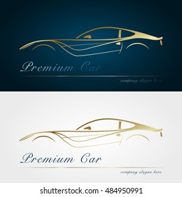 Car company dark and white background. Gold silhouette car. Badge, app emblem. Design element. Vector illustration.