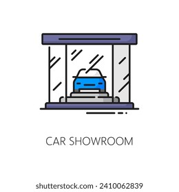 Car company showroom, auto dealer, dealership outline icon. Automobile salon, vehicle sale distributor or auto center outline vector icon. Auto dealership linear symbol with car behind glass showcase