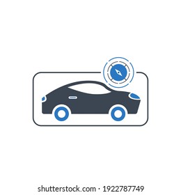 car with compass, gps, car route direction icon.