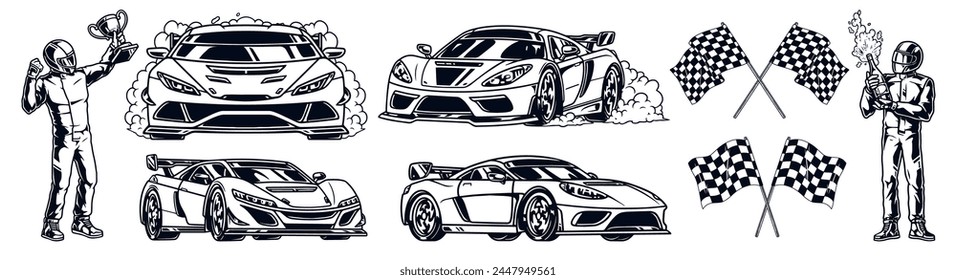 Car competition monochrome set emblems with racing vehicles with smoke near drivers and checkered flags vector illustration