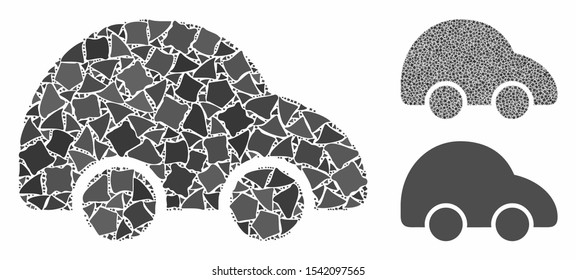 Car composition of bumpy parts in various sizes and color tints, based on car icon. Vector bumpy parts are organized into collage. Car icons collage with dotted pattern.