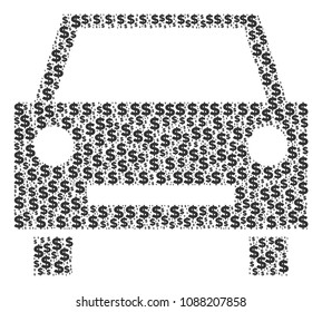 Car composition of dollar symbols and spheric spots. Vector money icons are united into car illustration.