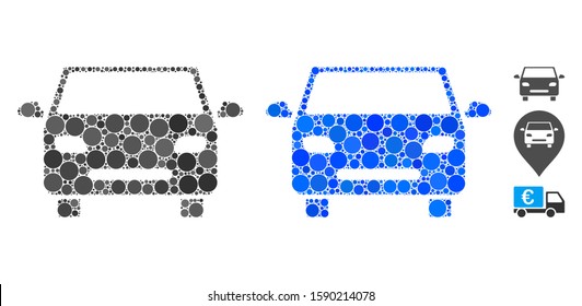 Car composition of filled circles in different sizes and color hues, based on car icon. Vector random circles are grouped into blue composition. Dotted car icon in usual and blue versions.