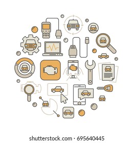 Car computer diagnostics round colorful illustration. Vector vehicle diagnostics concept circular symbol