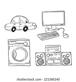 Car, computer, washing machine, recorder.