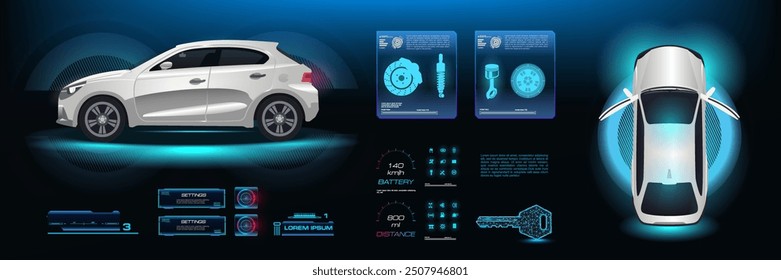 Banner für das Autokonzept. Elektronisches Stadtauto mit Touch-Interface und HUD-Features. Fahrzeuganzeiger und -instrumente auf holografischer virtueller Tafel. Realistisches Auto auf holografischem Bildschirm mit Kontrolleinstellung